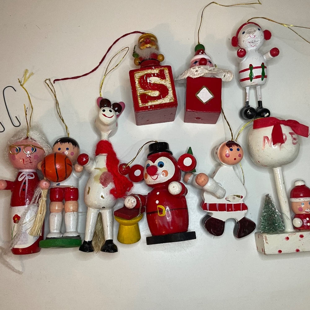 Vintage Christmas ornaments wooden block peg Mrs claus basketball monkey skater